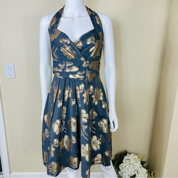 Rubber Ducky Production Dress Sz M Halter Floral Metallic - Picture 1 of 13